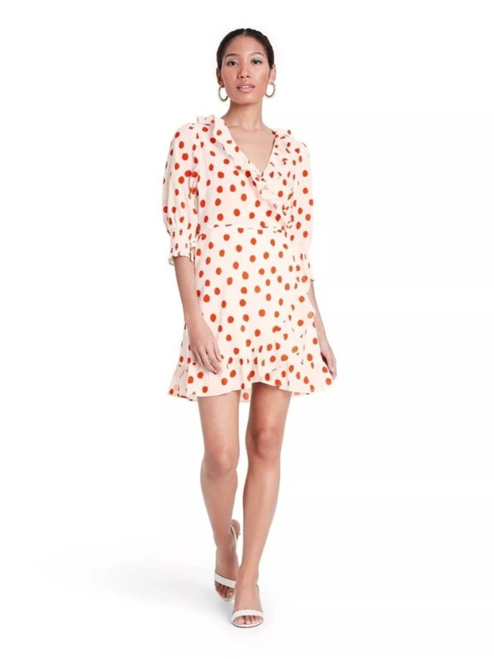 RIXO Cream & Red Polka Dot Puff 1/2 Sleeve Wrap Mini Dress -- Women's XS 0/2